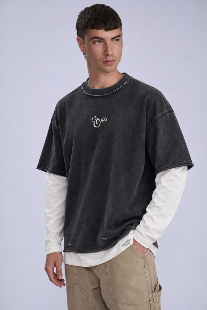 LSS261010 FLORAL TWO-LAYER OVERSIZED T-SHIRT